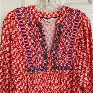 Boden orange print embroidered front dress